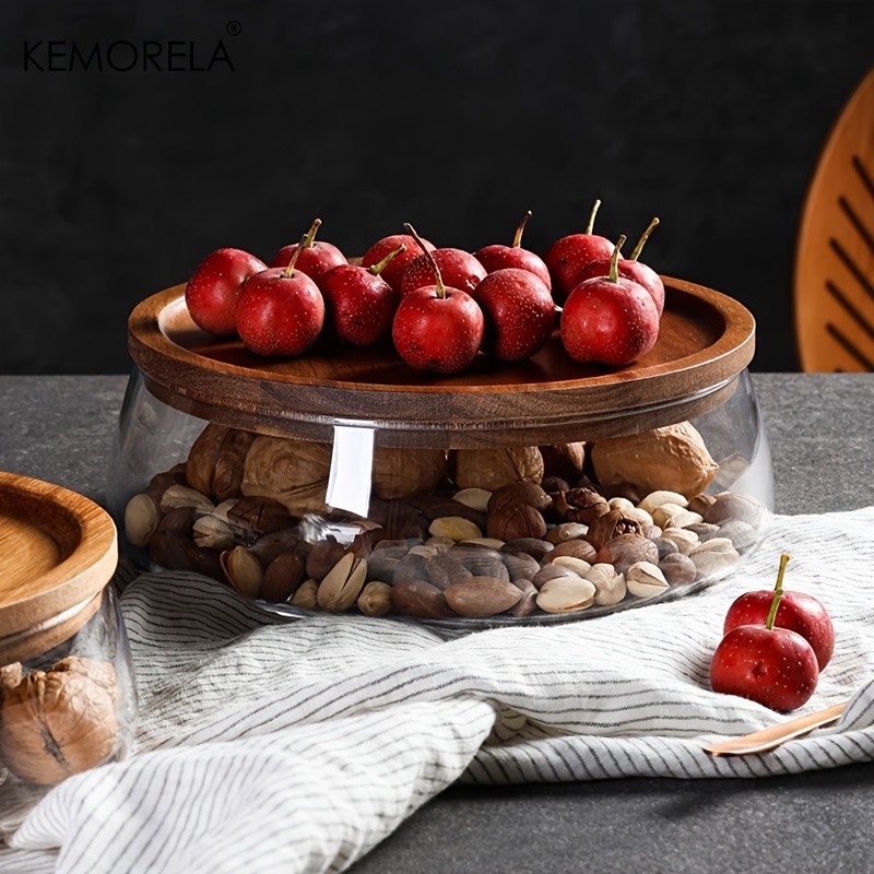 KEMORELA Double Layer Glass Bowl with Wooden Lid  Food-Safe Storage Container for Snacks, Fruits, Nuts & Holiday Dcor