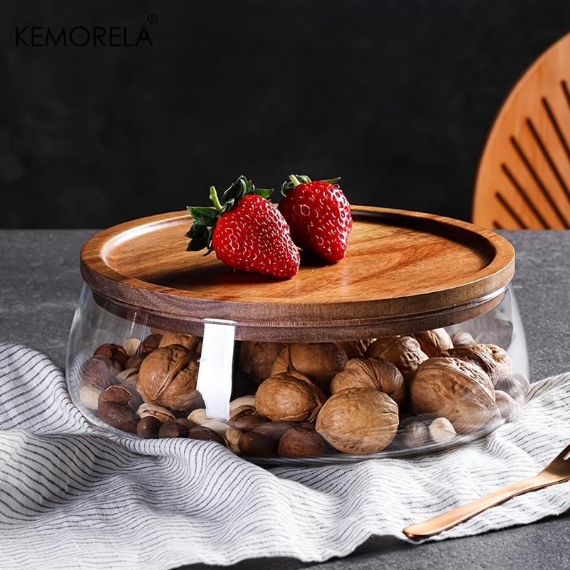 KEMORELA Double Layer Glass Bowl with Wooden Lid  Food-Safe Storage Container for Snacks, Fruits, Nuts & Holiday Dcor