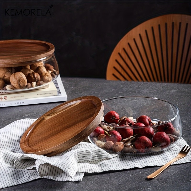 KEMORELA Double Layer Glass Bowl with Wooden Lid  Food-Safe Storage Container for Snacks, Fruits, Nuts & Holiday Dcor