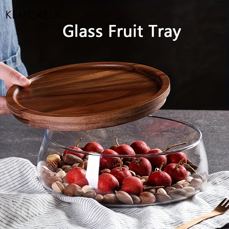 KEMORELA Double Layer Glass Bowl with Wooden Lid  Food-Safe Storage Container for Snacks, Fruits, Nuts & Holiday Dcor