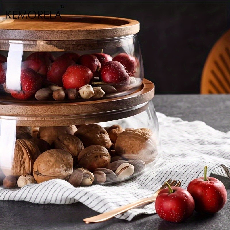 KEMORELA Double Layer Glass Bowl with Wooden Lid  Food-Safe Storage Container for Snacks, Fruits, Nuts & Holiday Dcor