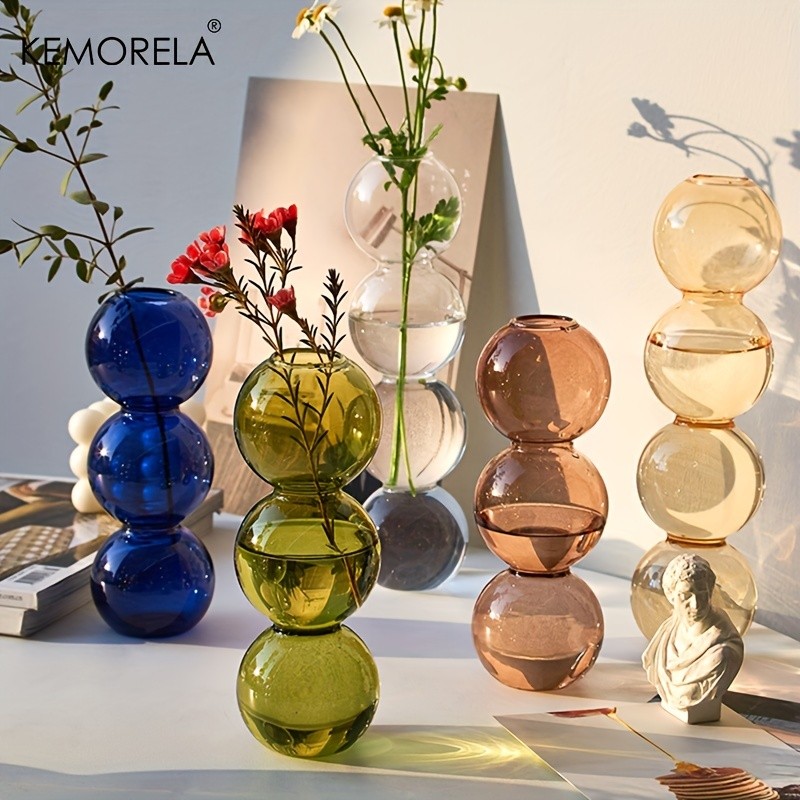 KEMORELA Set of 2 Ball-Shaped Glass Vases  Amber Decorative Vases for Living Room, Tabletop & Event Decor