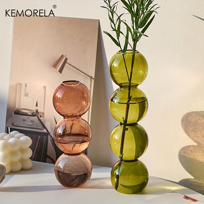 KEMORELA Set of 2 Ball-Shaped Glass Vases  Amber Decorative Vases for Living Room, Tabletop & Event Decor