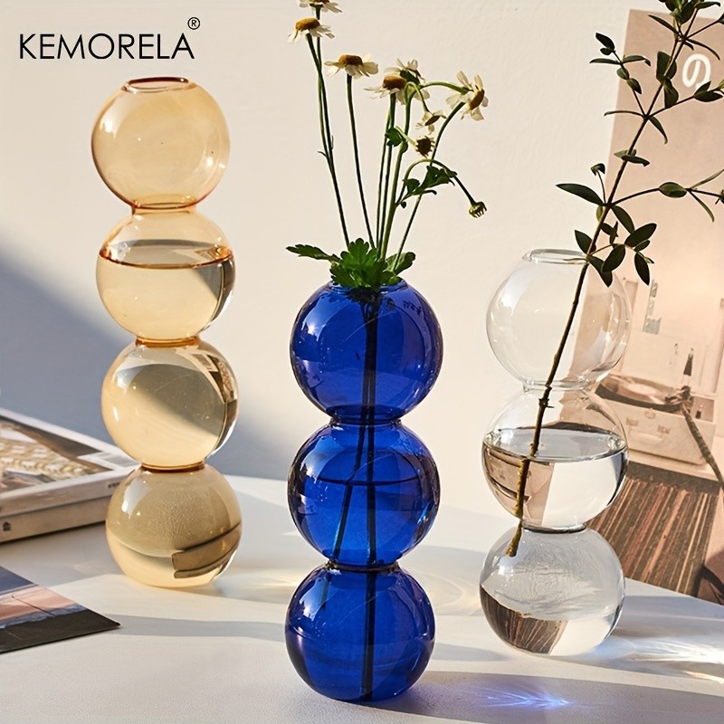 KEMORELA Set of 2 Ball-Shaped Glass Vases  Amber Decorative Vases for Living Room, Tabletop & Event Decor