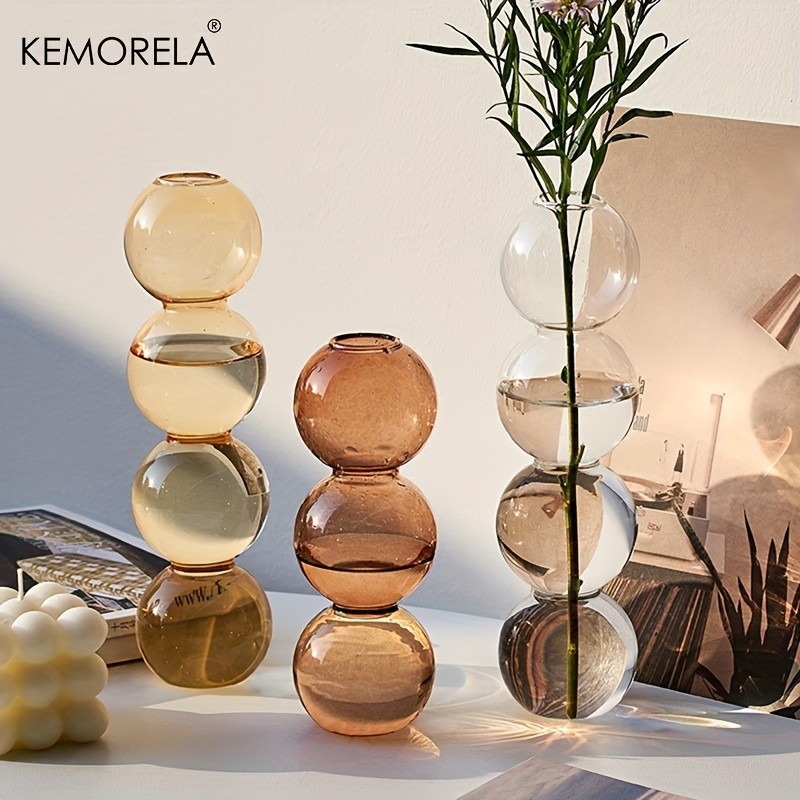 KEMORELA Set of 2 Ball-Shaped Glass Vases  Amber Decorative Vases for Living Room, Tabletop & Event Decor