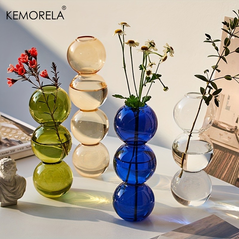 KEMORELA Set of 2 Ball-Shaped Glass Vases  Amber Decorative Vases for Living Room, Tabletop & Event Decor