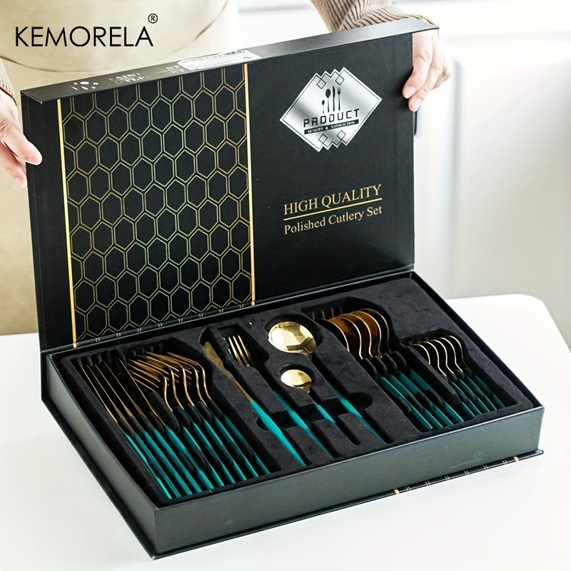 KEMORELA 24pcs Stainless Steel Utensil Collection  Premium Knife, Fork & Spoon Cutlery Set (Dishwasher-Safe)