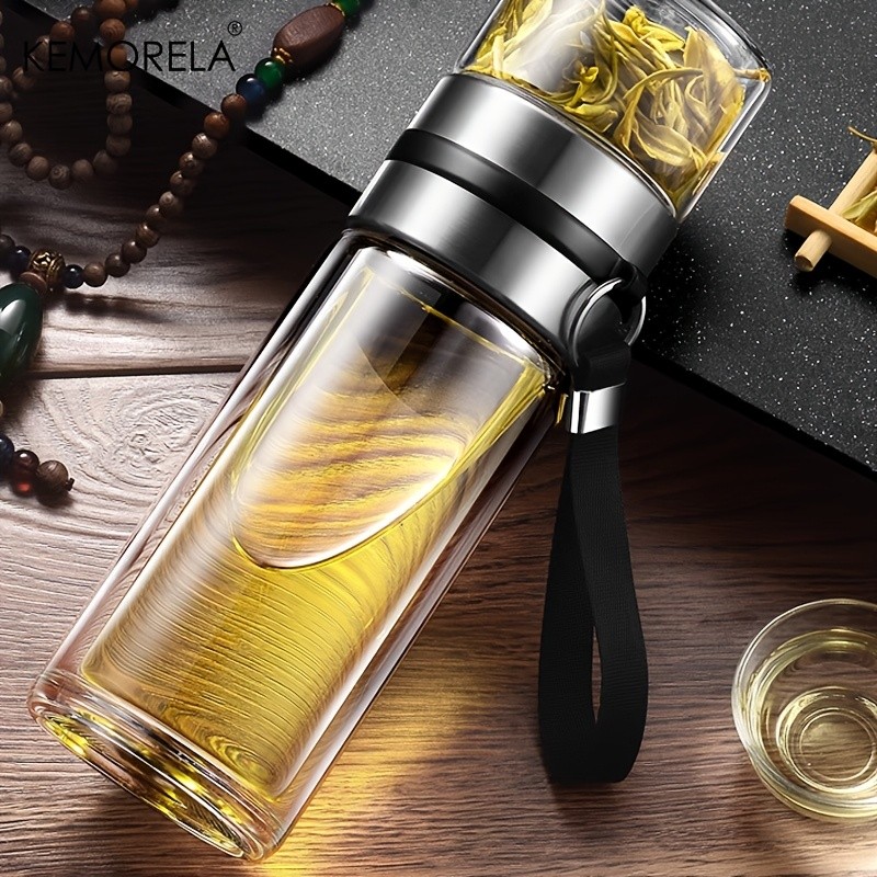KEMORELA Double-Layer Glass Tea Brewing Bottle Leak-Proof Travel Cup with Water & Tea Separation Design