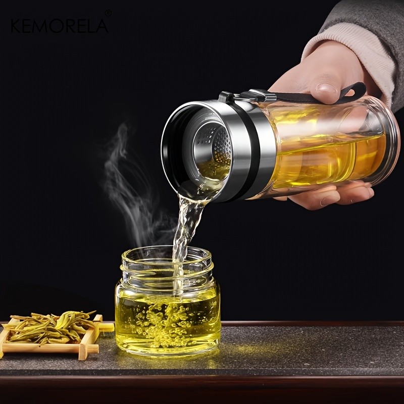 KEMORELA Double-Layer Glass Tea Brewing Bottle Leak-Proof Travel Cup with Water & Tea Separation Design