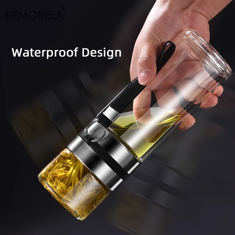 KEMORELA Double-Layer Glass Tea Brewing Bottle Leak-Proof Travel Cup with Water & Tea Separation Design