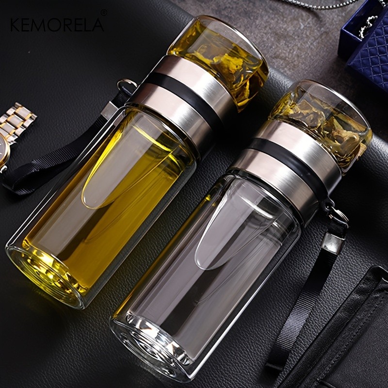 KEMORELA Double-Layer Glass Tea Brewing Bottle Leak-Proof Travel Cup with Water & Tea Separation Design