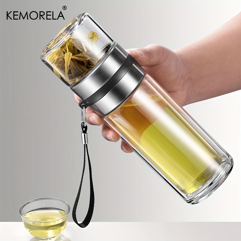 KEMORELA Double-Layer Glass Tea Brewing Bottle Leak-Proof Travel Cup with Water & Tea Separation Design