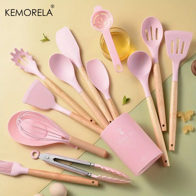 KEMORELA 14pcs Silicone Utensil Set  Food-Safe Non-Stick Cooking Tools with Wooden Handles & Colorful Storage Buckets