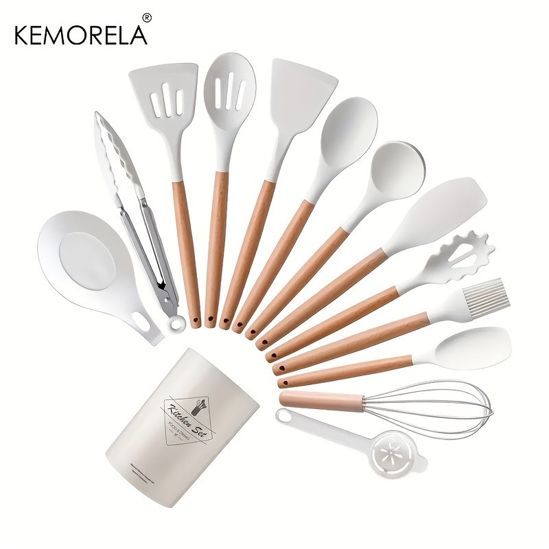 KEMORELA 14pcs Silicone Utensil Set  Food-Safe Non-Stick Cooking Tools with Wooden Handles & Colorful Storage Buckets