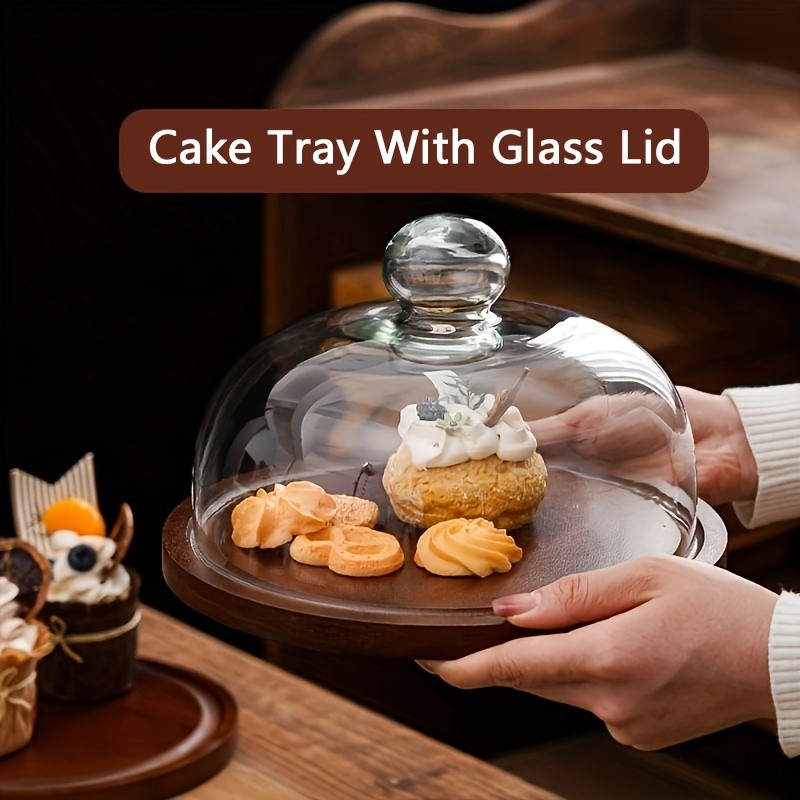 KEMORELA Wooden Round Dessert Plate with Glass Dome Natural Wood Serving Tray for Cakes, Fruits & Snacks