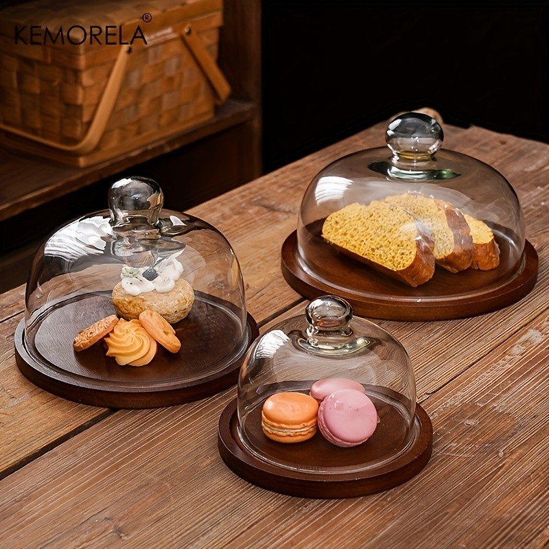 KEMORELA Wooden Round Dessert Plate with Glass Dome Natural Wood Serving Tray for Cakes, Fruits & Snacks