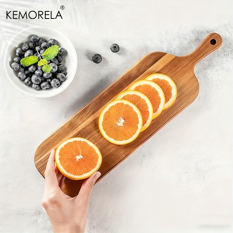 KEMORELA Acacia Wood Cutting Board with Handle  Extra Long Natural Grain Serving Board for Cheese, Charcuterie, Bread & Fruit