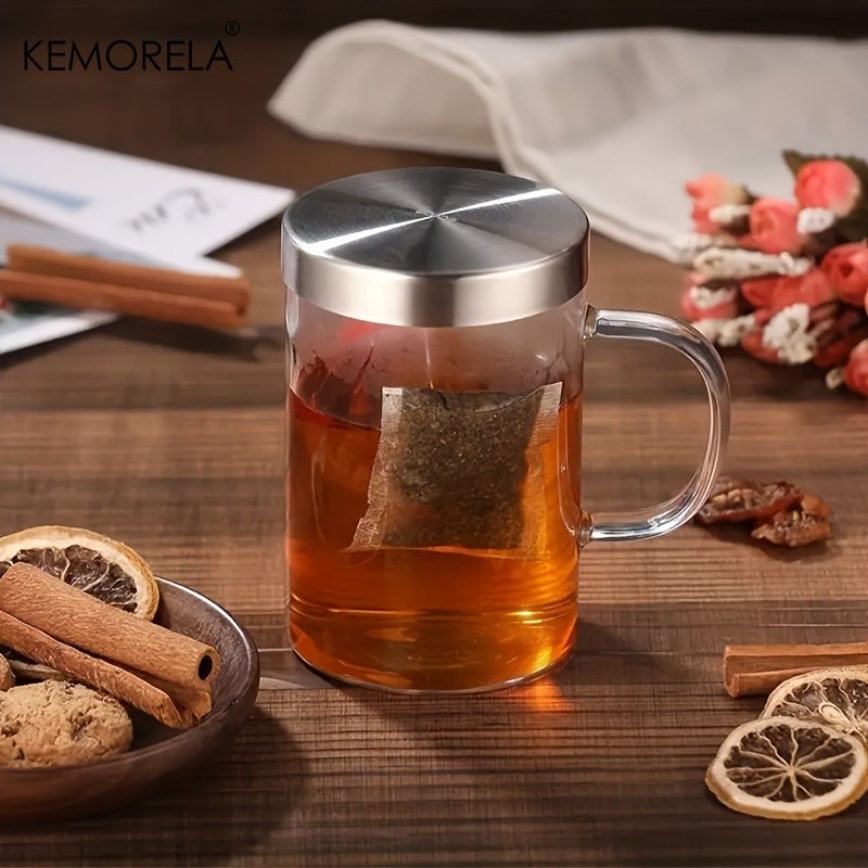 KEMORELA Heat-Resistant Borosilicate Glass Tea Mug (16.13oz)  Stainless Steel Infuser & Lid for Loose Leaf Tea