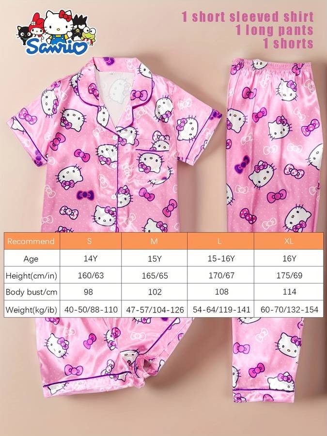 Sanrio HELLO KITTY Youth Pajamas 3-Piece Set  Lapel Buttoned Cardigan Top + Trousers + Shorts