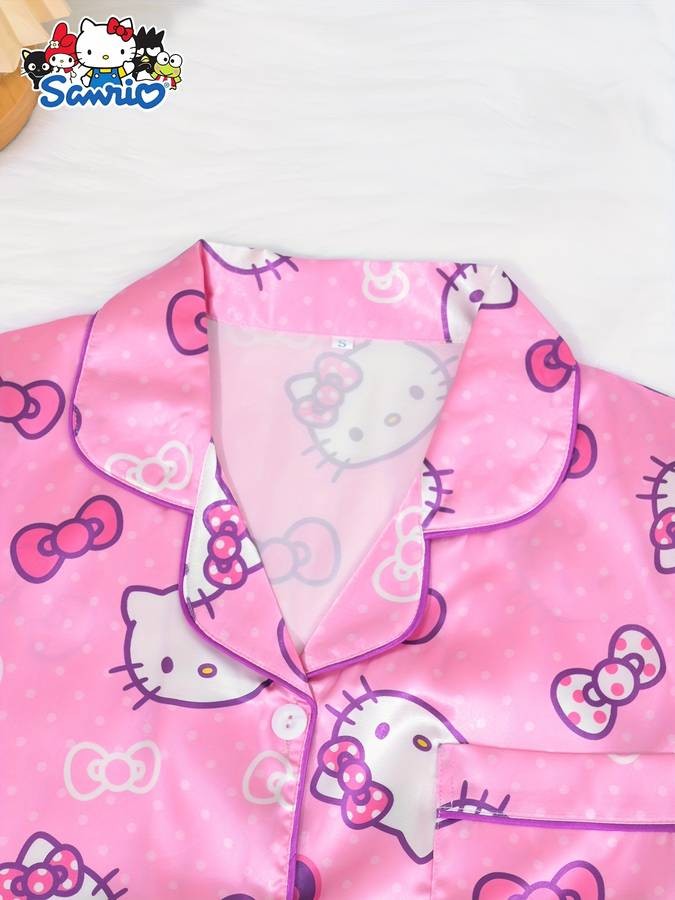 Sanrio HELLO KITTY Youth Pajamas 3-Piece Set  Lapel Buttoned Cardigan Top + Trousers + Shorts