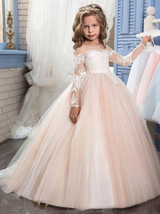 Cute Flower Girl Princess Dress  Long Sleeve Christmas Ball Gown (Front Length Measurement) Elegant Party Dress  Solid Color  Fall/Winter  For Girls 12 & Under