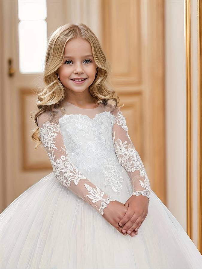Cute Flower Girl Princess Dress  Long Sleeve Christmas Ball Gown (Front Length Measurement) Elegant Party Dress  Solid Color  Fall/Winter  For Girls 12 & Under