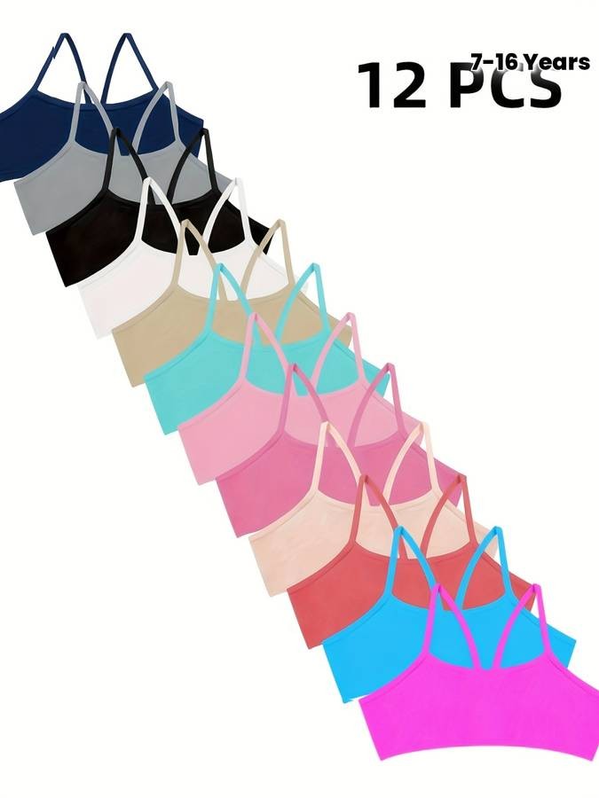 ZIMI COLLECTION 12-Pack Girls Seamless Camisole Bras Cute Cross-Strap Off-Shoulder Tank Tops (Ages 617) Soft Knit Fabric Medium Stretch All-Season Comfort Solid Colors 90% Polyamide / 10% Elastane