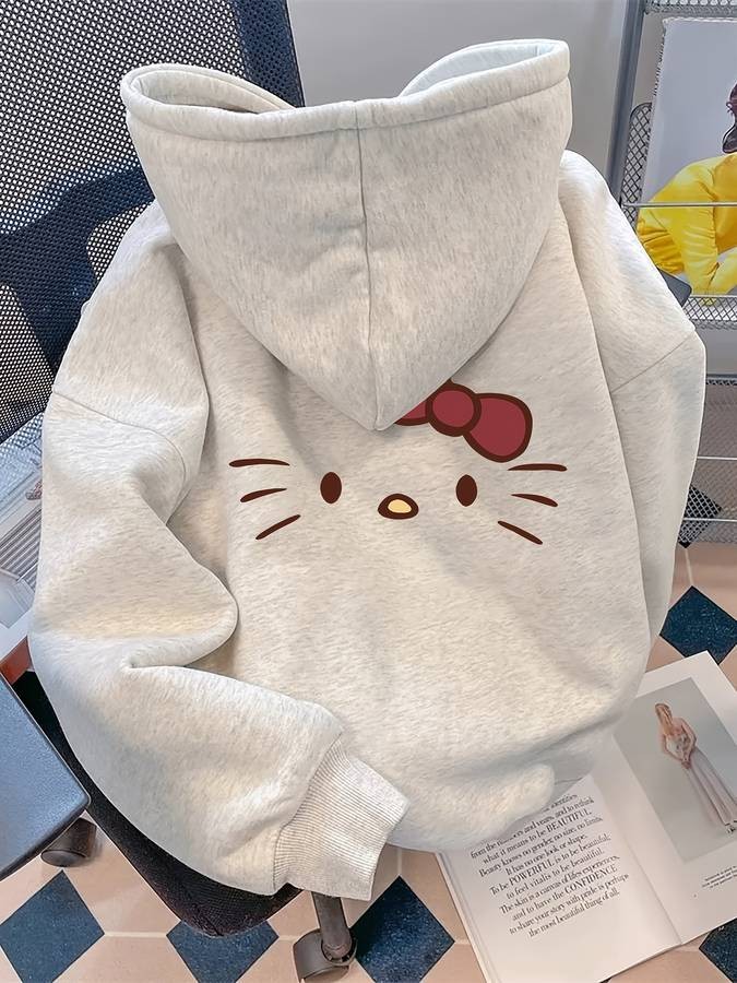 Sanrio American Vintage Hello Kitty Hooded Sweatshirt  Womens 2025 Cartoon Print Loose Hoodie Cozy Autumn/Winter Loungewear  Soft Knit Fabric  Retro Cute Style  Comfortable High-Street Fashion