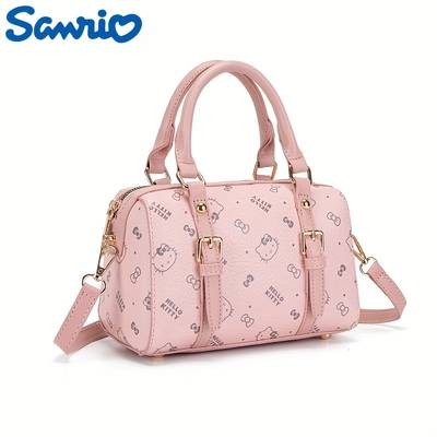 Sanrio Womens KiTi Crossbody Bag Cute Anime Face & Hello Kitty-Inspired Print Lightweight PU Handbag Detachable Strap Zipper Closure Pink Fashion Messenger Bag