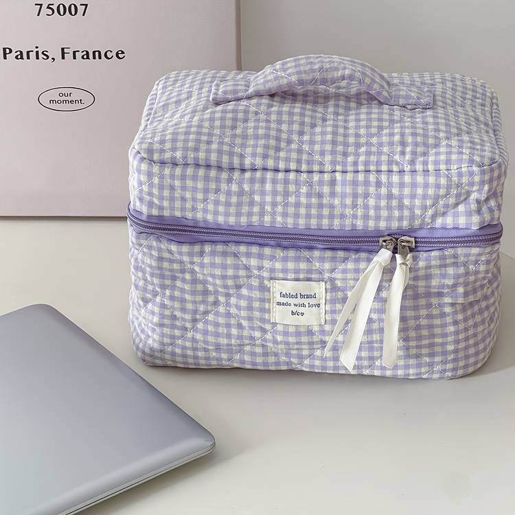 Honey Girl 3pcs Blueberry Check Cosmetic Bag Set Foldable Polyester Travel Makeup Pouches High-Aesthetic Portable Toiletry Organizer Perfect for Women