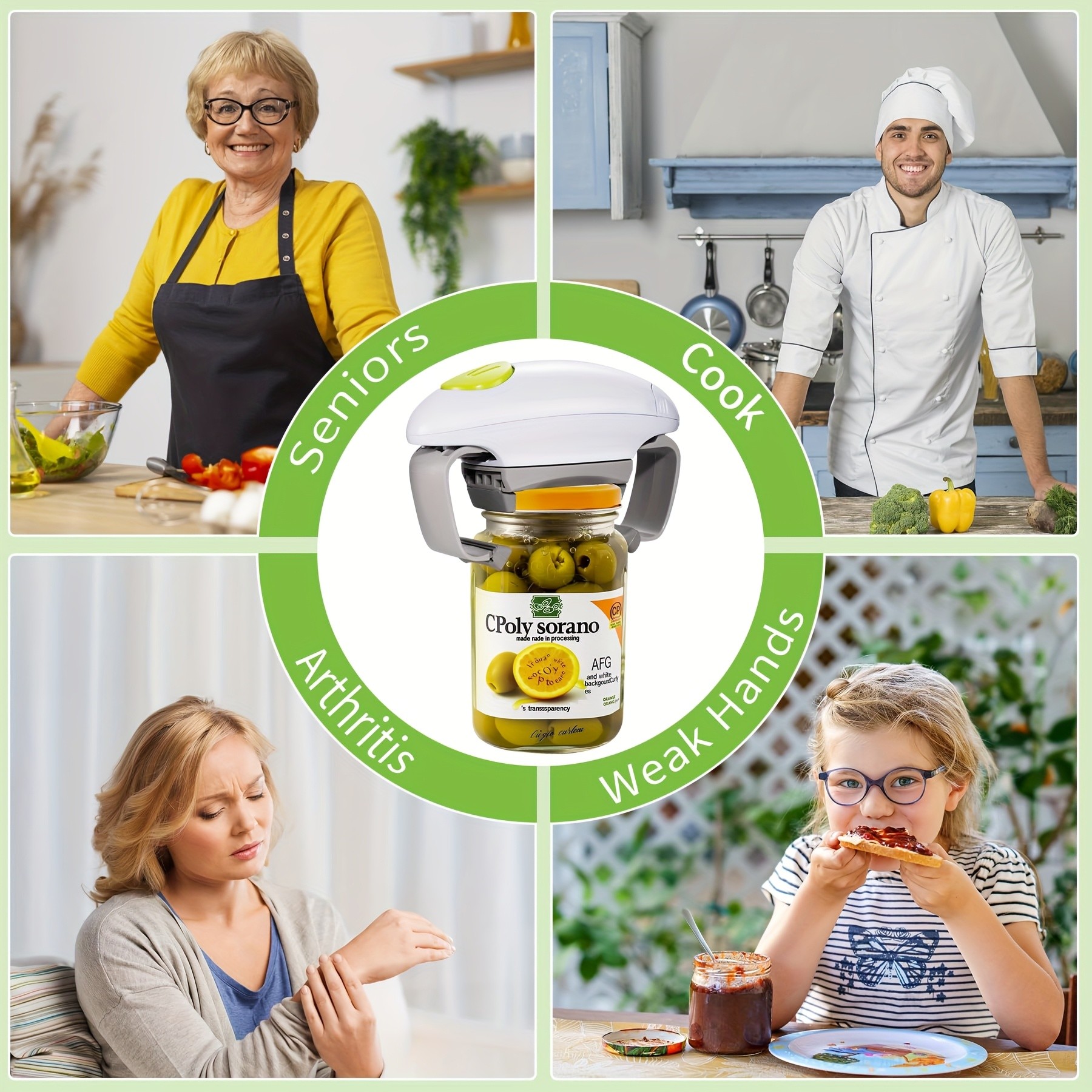 FEIYBA Torque-Assist Electric Jar & Can Opener One-Touch, Battery-Powered Kitchen Tool for All Jar Sizes