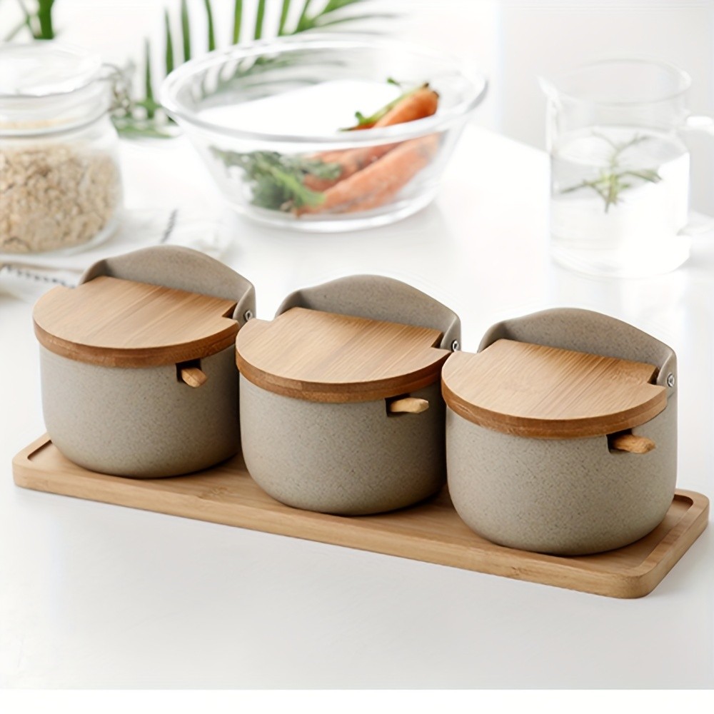 CEEFU Ceramic Seasoning Pot Set with Tray 2/3pcs Spice Containers with Lids & Spoons for Organized NZ Kitchens