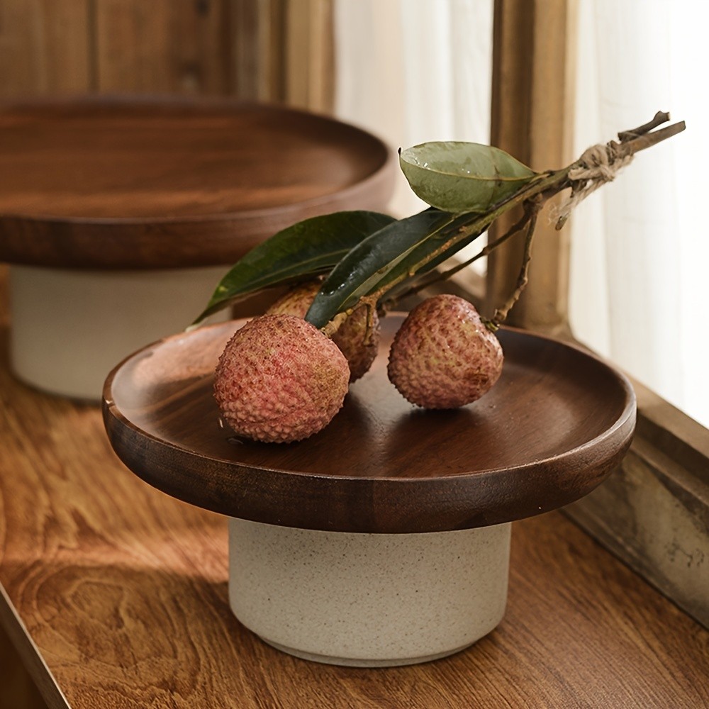 CEEFU Dual-Layer Acacia Wood & Ceramic Snack Tray  Stylish Food-Safe Stand for Cakes, Fruits & Party Serving