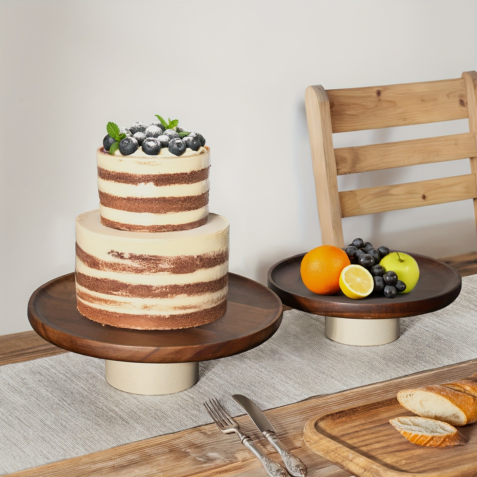 CEEFU Acacia Wood Cake Stand with Pottery Base Elegant Food-Safe Display for Weddings, Parties & NZ Home Celebrations