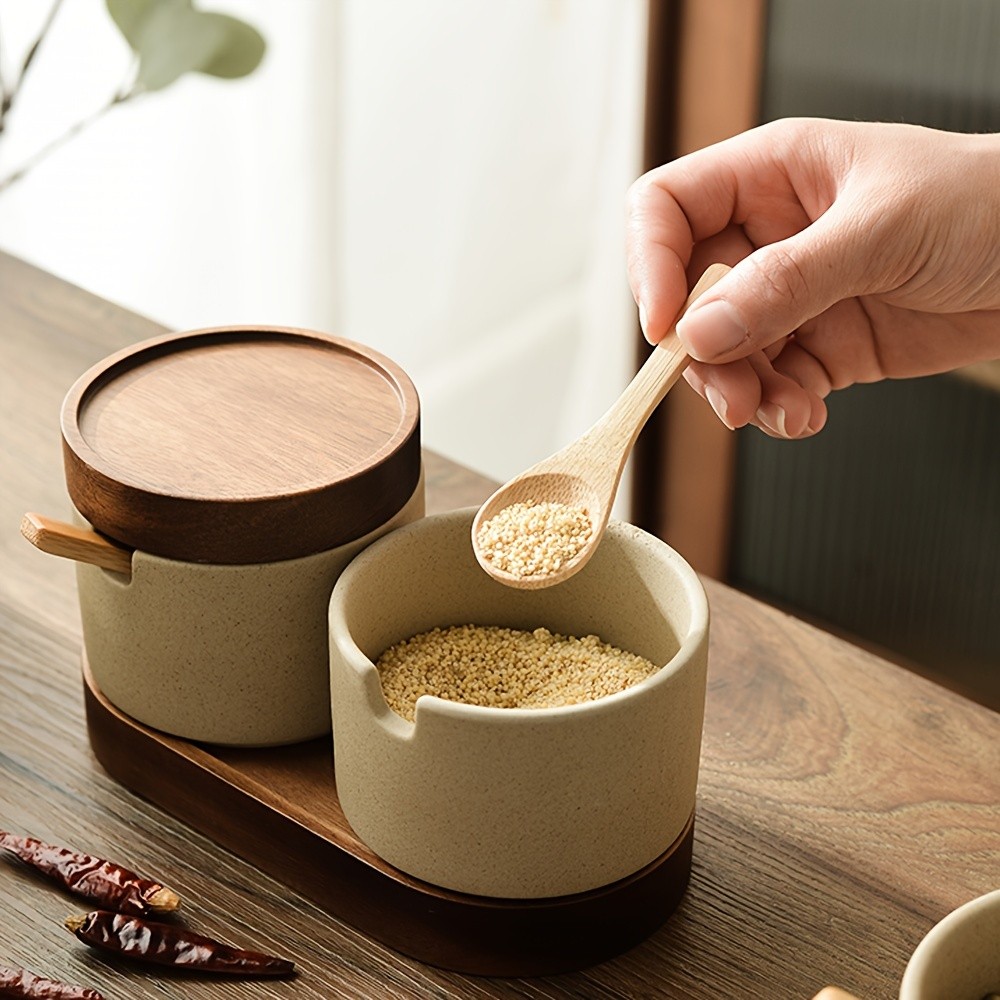 CEEFU Ceramic Spice Jar with Acacia Wood Tray Elegant Porcelain Storage Pot with Lid & Spoon for Salt, Sugar, Coffee & Herbs