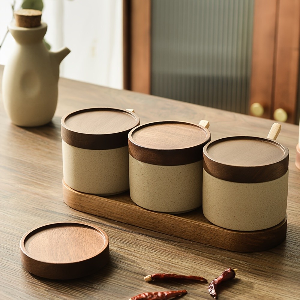 CEEFU Ceramic Spice Jar with Acacia Wood Tray Elegant Porcelain Storage Pot with Lid & Spoon for Salt, Sugar, Coffee & Herbs