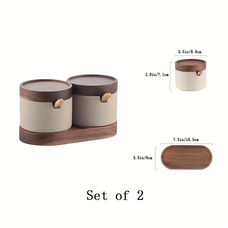 CEEFU Ceramic Spice Jar with Acacia Wood Tray Elegant Porcelain Storage Pot with Lid & Spoon for Salt, Sugar, Coffee & Herbs