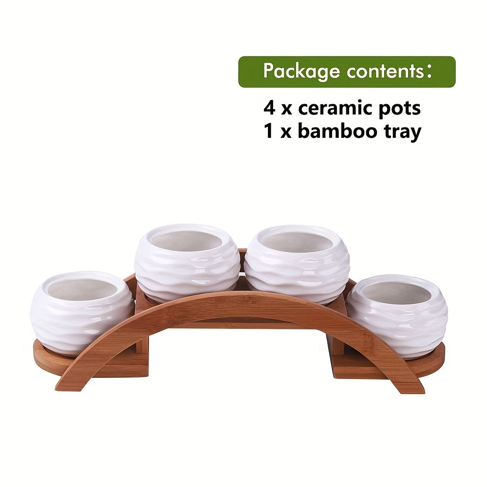 CEEFU 4-Pot Ceramic Succulent Planter Set with Stand  Modern White Ripple-Texture Pots with Drainage for Indoor & Outdoor Plants