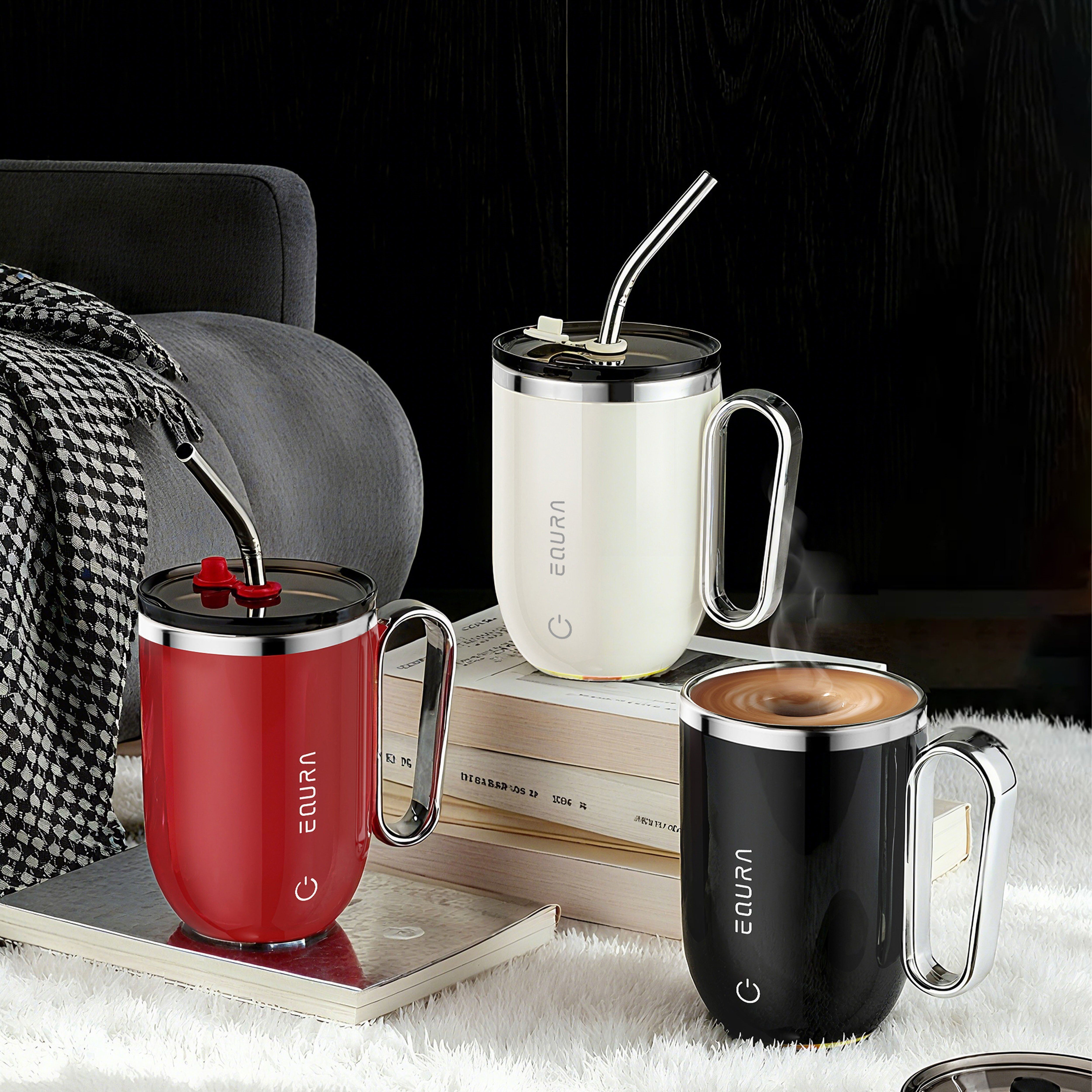 eQUra 420ml Rechargeable Magnetic Self-Stirring Travel Mug  Automatic Mixing Cup for Coffee, Milk, Chocolate & On-The-Go Drinks