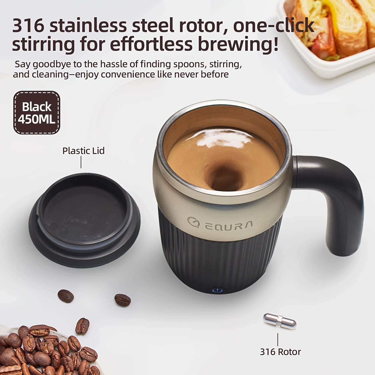 eQUra 450ml Automatic Magnetic Stirring Cup  316 Stainless Steel Self-Mixing Coffee & Milkshake Mug (2025 Gift Edition)