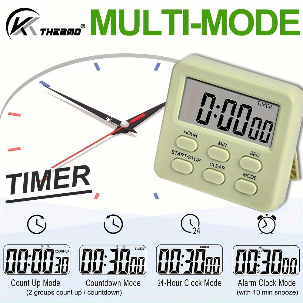 KT THERMO Digital LCD Alarm Clock & Multi-Mode Timer 24-Hour Display with Memory, Count-Up/Down & Stand/Hanging Hook