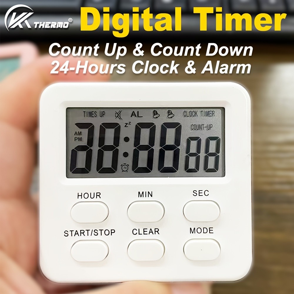 KT THERMO Digital LCD Alarm Clock & Multi-Mode Timer 24-Hour Display with Memory, Count-Up/Down & Stand/Hanging Hook