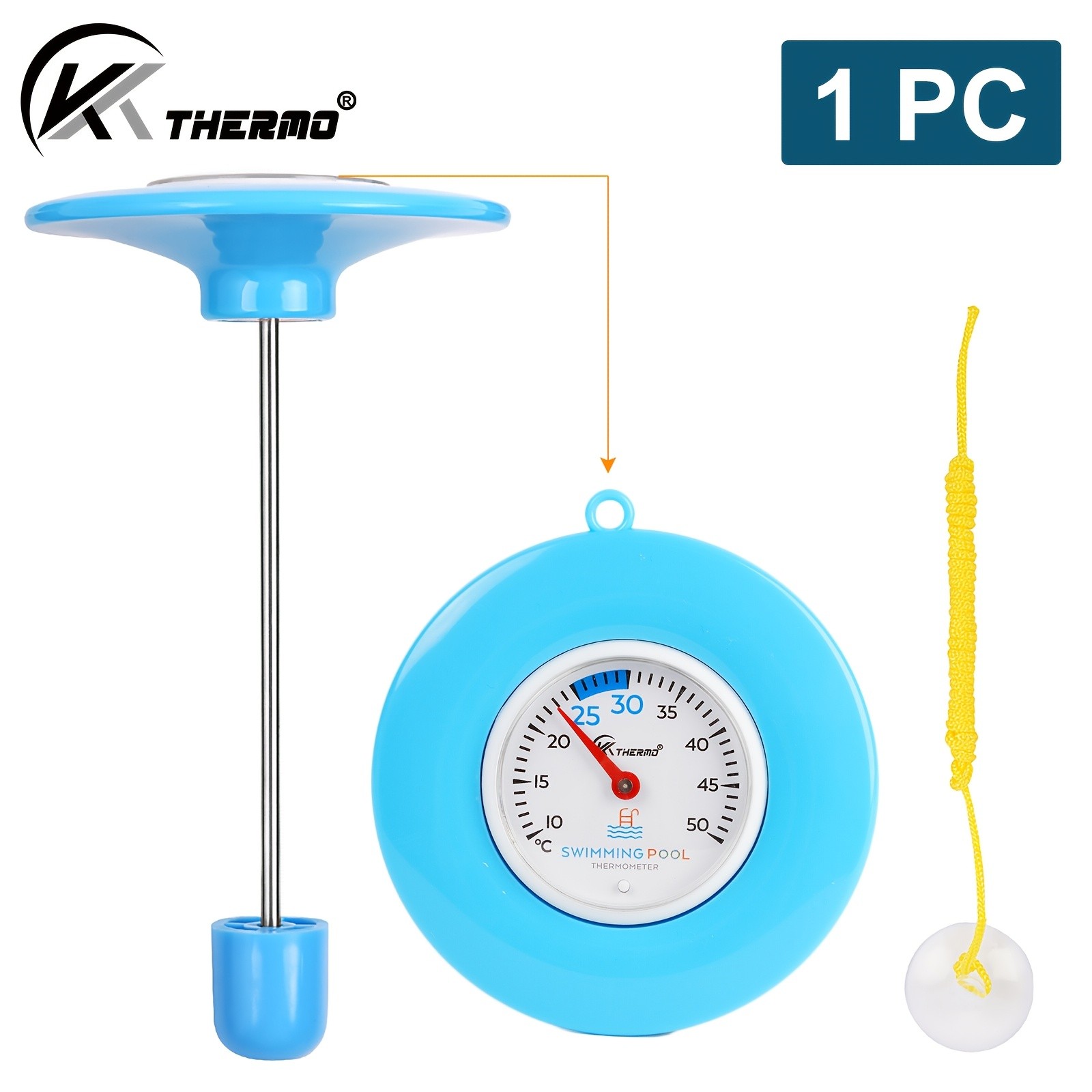 KT THERMO Floating Pool Thermometer  Easy-Read Celsius Dial with Rope & Suction Cup for Pools, Spas & Hot Tubs