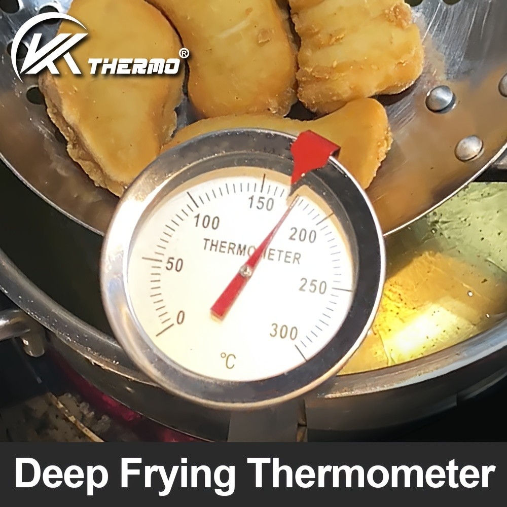 KT THERMO Stainless Steel Deep Fry Thermometer with Pot Clip Long-Probe Food-Safe Gauge for Frying, BBQ & Baking