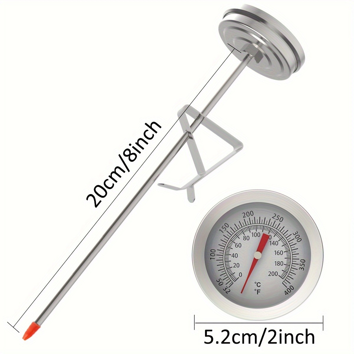KT THERMO Stainless Steel Deep Fry Thermometer with Pot Clip Long-Probe Food-Safe Gauge for Frying, BBQ & Baking