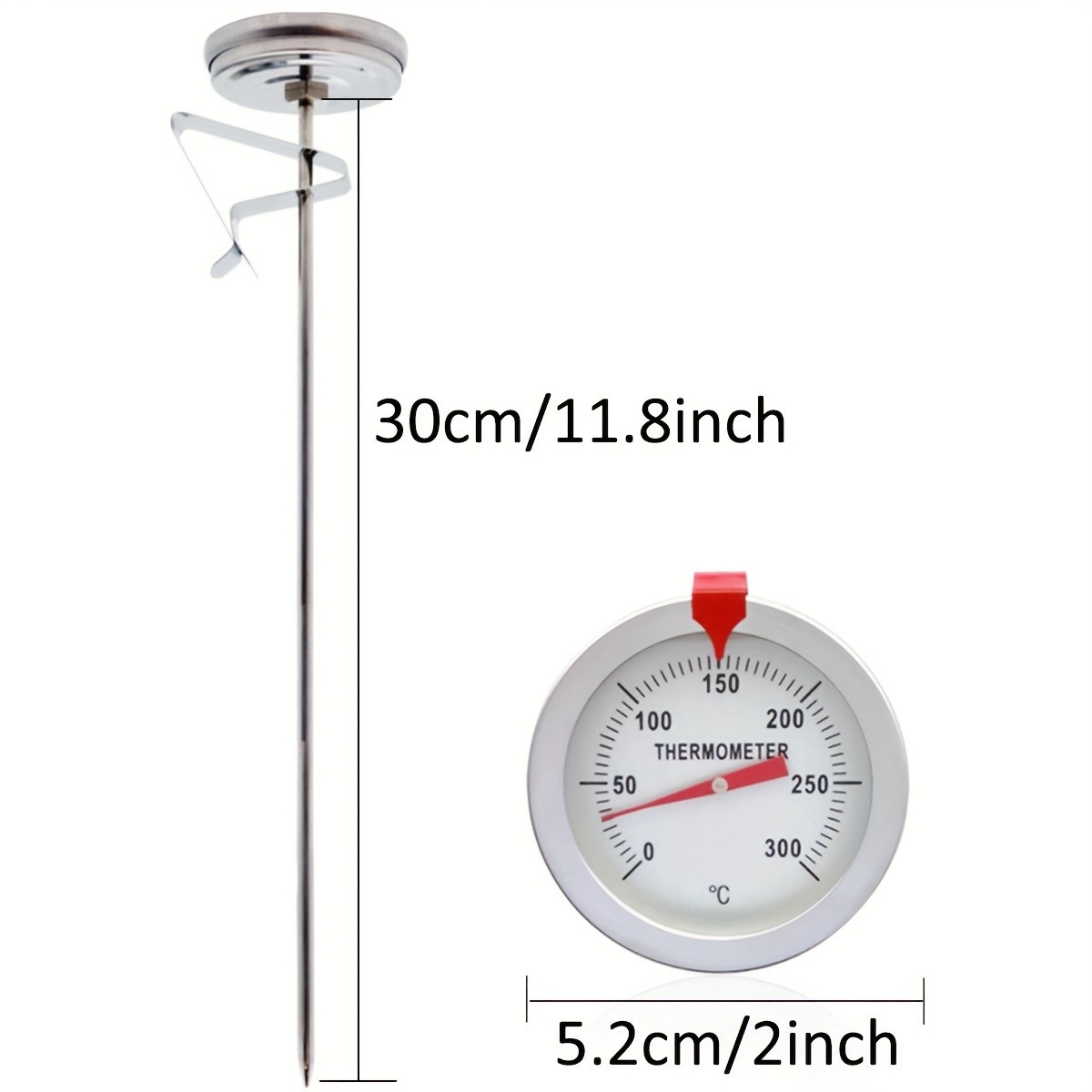 KT THERMO Stainless Steel Deep Fry Thermometer with Pot Clip Long-Probe Food-Safe Gauge for Frying, BBQ & Baking