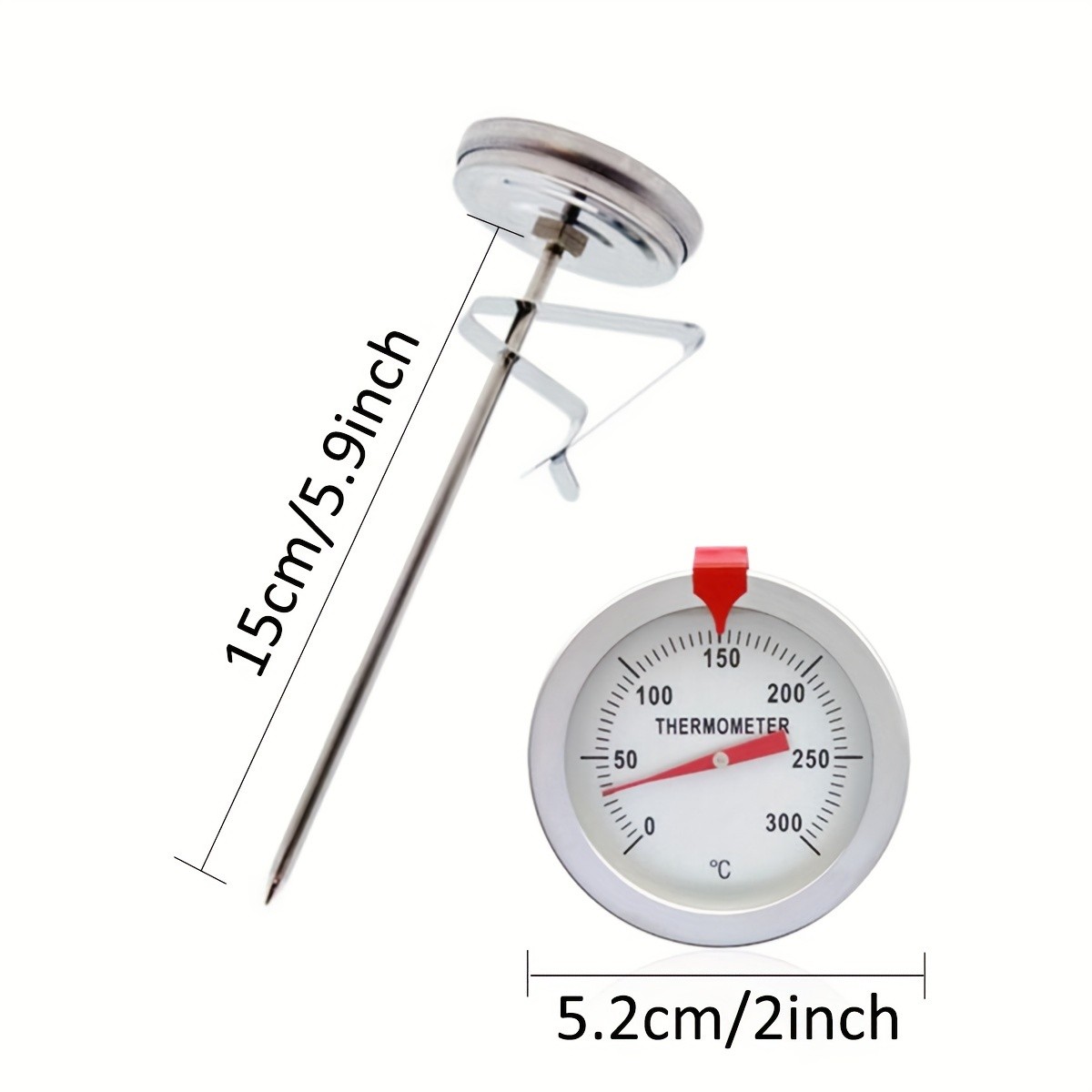 KT THERMO Stainless Steel Deep Fry Thermometer with Pot Clip Long-Probe Food-Safe Gauge for Frying, BBQ & Baking