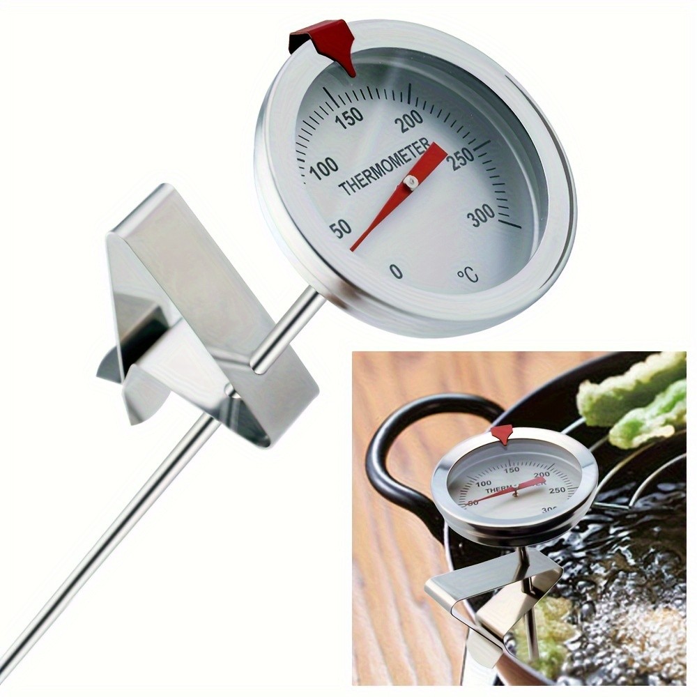 KT THERMO Stainless Steel Deep Fry Thermometer with Pot Clip Long-Probe Food-Safe Gauge for Frying, BBQ & Baking