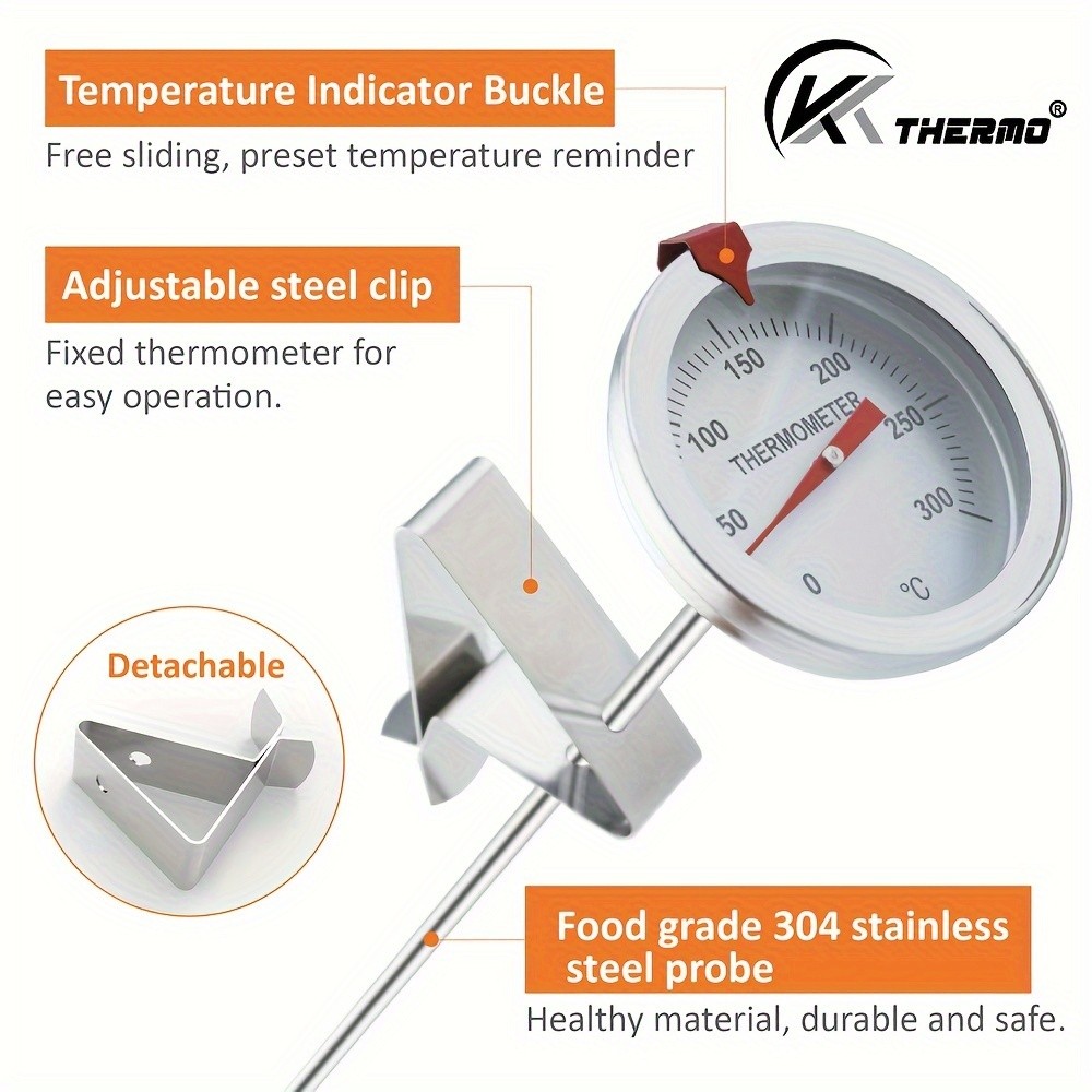 KT THERMO Stainless Steel Deep Fry Thermometer with Pot Clip Long-Probe Food-Safe Gauge for Frying, BBQ & Baking