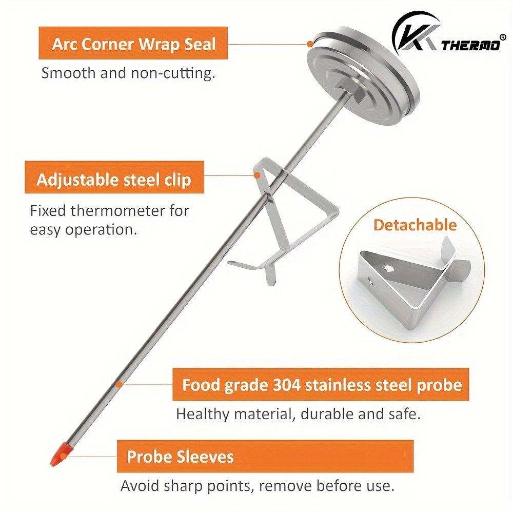 KT THERMO Stainless Steel Deep Fry Thermometer with Pot Clip Long-Probe Food-Safe Gauge for Frying, BBQ & Baking